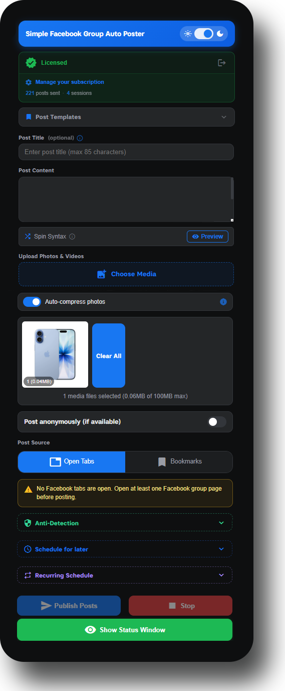 Simple Facebook Group Auto Poster – full extension interface showing all features